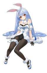 Rule 34 | 1girl, animal ear fluff, animal ears, bad id, bad twitter id, bare shoulders, black leotard, blue hair, blush, breasts, brown gloves, brown pantyhose, closed mouth, detached sleeves, don-chan (usada pekora), dress, full body, gloves, gotou (nekocat), head tilt, highres, hololive, invisible chair, leotard, long hair, looking at viewer, pantyhose, puffy short sleeves, puffy sleeves, rabbit ears, red eyes, shoes, short eyebrows, short sleeves, simple background, sitting, small breasts, solo, thick eyebrows, usada pekora, usada pekora (1st costume), very long hair, virtual youtuber, white background, white dress, white footwear