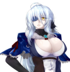 Rule 34 | 1girl, absurdres, ahoge, black bodysuit, black ribbon, bodysuit, breasts, cleavage, cleavage cutout, clothing cutout, commentary request, eyelashes, eyepatch, hair ribbon, hand on own hip, highres, large breasts, long hair, looking at viewer, minarai tenna, one eye covered, original, parted lips, puffy short sleeves, puffy sleeves, ribbon, short sleeves, silver hair, simple background, solo, turtleneck, upper body, white background, yellow eyes