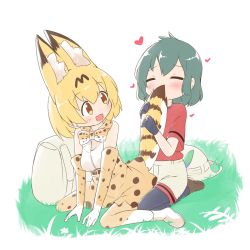 Rule 34 | 10s, 2girls, animal ears, backpack, bag, bare shoulders, belt, black hair, blonde hair, blush, bow, bowtie, bucket hat, commentary request, elbow gloves, closed eyes, gloves, hat, unworn hat, unworn headwear, heart, highres, kaban (kemono friends), kemono friends, loafers, makuran, multicolored hair, multiple girls, pantyhose, seiza, serval (kemono friends), serval print, serval tail, shirt, shoes, short hair, shorts, sitting, skirt, smelling, t-shirt, tail, thighhighs, vest, yellow eyes