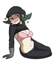 Rule 34 | 1girl, blush, bra, breasts, cleavage, clothes lift, creatures (company), drawfag, game freak, gloves, green eyes, green hair, hat, heart, looking at viewer, medium breasts, midriff, nintendo, pink bra, pokemon, pokemon usum, shirt lift, smile, solo, team rainbow rocket, team rainbow rocket grunt, team rocket, underwear