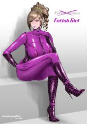Rule 34 | 1girl, animal print, bdsm, bodysuit, bondage, boots, bound, breasts, brown eyes, brown hair, buckle, corset, dated, full body, half-closed eyes, hand on own thigh, high heel boots, high heels, highres, ice (seriousgraphics), large breasts, latex, latex bodysuit, latex suit, leopard print, long hair, looking at viewer, makeup, mature female, original, see-through, sitting, skin tight, solo, swept bangs, thighs