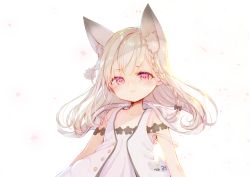 Rule 34 | 1girl, nanashi inc., animal ear fluff, animal ears, animare, bare shoulders, black bow, bow, braid, collarbone, commentary request, dress, hair bow, light brown hair, long hair, looking at viewer, parted lips, sawa (sawasaku), shiromiya mimi, side braid, single braid, sleeveless, sleeveless dress, solo, upper body, virtual youtuber, white background, white dress