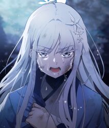 Rule 34 | 1girl, blue archive, crying, crying with eyes open, grey eyes, hair ornament, halo, haori, highres, japanese clothes, kirigakure (iroiro tsukauyo), long hair, looking at viewer, nagusa (blue archive), open mouth, portrait, solo, tears, white hair