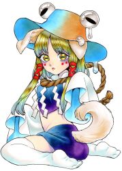 Rule 34 | 1girl, animal ears, bags under eyes, blonde hair, bow, brown headwear, collared shirt, dog ears, dog girl, dog tail, extra eyes, facial tattoo, hair bow, hair ornament, hat, highres, horizontal pupils, long hair, long sleeves, moriya suwako, purple skirt, purple vest, red bow, rope, saliva, shide, shimenawa, shirt, sidelocks, simple background, skirt, tail, tattoo, thighhighs, tongue, tongue out, touhou, traditional media, vest, white background, whoru, wide sleeves, yellow eyes, yellow fur
