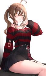 Rule 34 | 1girl, absurdres, ahoge, belt, belt chain, black camisole, black skirt, black sweater, camisole, choker, emo fashion, feathers, grin, hand up, hashtag-only commentary, heart, heart choker, high-waist skirt, highres, hirahiragi (h1rqg1), hololive, hololive english, lace-trimmed choker, lace trim, long hair, looking at viewer, multicolored hair, nanashi mumei, nanashi mumei (emo), official alternate costume, official alternate hairstyle, plaid, plaid skirt, pleated skirt, red skirt, red sweater, skirt, smile, spaghetti strap, strap pull, streaked hair, striped clothes, striped sweater, sweater, sweater tucked in, thigh strap, torn clothes, torn sweater, twintails, two-tone sweater, very long hair, virtual youtuber
