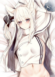 Rule 34 | 1girl, absurdres, animal ear fluff, animal ears, arknights, arms up, bed sheet, black gloves, blush, bottomless, breasts, brown eyes, closed mouth, commentary request, elbow gloves, from above, gloves, groin, high collar, highres, horse ears, kokihanada, long hair, looking at viewer, lying, navel, on back, on bed, out-of-frame censoring, platinum (arknights), revealing clothes, sideboob, silver hair, small breasts, solo, stomach, stuffed toy