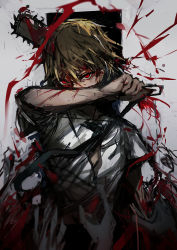 Rule 34 | 1boy, black necktie, blonde hair, blood, chainsaw, chainsaw man, chuhaibane, collared shirt, commentary, denji (chainsaw man), hair between eyes, hand over face, highres, holding, holding jewelry, holding necklace, jewelry, looking at viewer, male focus, necklace, necktie, red eyes, shirt, short hair, short sleeves, simple background, upper body, white shirt