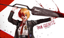 Rule 34 | 1girl, arms up, badge, black coat, black jacket, blood, blood in hair, blood on clothes, blood on face, blood on hands, blood splatter, bloody weapon, character name, choroi amachori, coat, collared shirt, copyright name, debris, don quixote (project moon), hair between eyes, high-waist pants, highres, holding, holding polearm, holding weapon, jacket, lance, limbus company, long sleeves, looking at viewer, necktie, open clothes, open coat, open mouth, orange eyes, orange hair, pants, polearm, project moon, red necktie, shirt, short hair, simple background, solo, spanish text, weapon, white background, white shirt