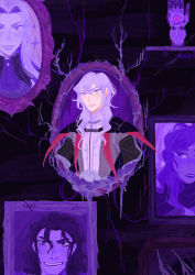 Rule 34 | 2boys, 2girls, bad id, bad twitter id, balthus von albrecht, constance von nuvelle, fire emblem, fire emblem: three houses, hapi (fire emblem), highres, long hair, looking at viewer, monochrome background, multiple boys, multiple girls, nintendo, open mouth, parted lips, portrait, purple eyes, smile, spearmintaii, upper body, yuri leclerc
