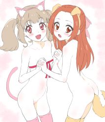 Rule 34 | 2girls, :d, aikatsu! (series), aikatsu on parade!, anal tail, animal ear fluff, animal ears, ass, blush, bottomless, bow, breasts, brown hair, brown hairband, brown legwear, butt plug, cat ears, cat girl, cat tail, collarbone, commentary request, dog ears, dog girl, dog tail, fake animal ears, fake tail, forehead, groin, hair bow, hairband, highres, holding hands, interlocked fingers, kiseki raki, looking at viewer, looking to the side, multiple girls, naked ribbon, navel, nipples, nude, open mouth, otoshiro noel, parted bangs, pet play, pink bow, pink hairband, pink legwear, pussy, red eyes, ribbon, sidelocks, sincos, skindentation, small breasts, smile, tail, thighhighs, twintails