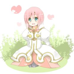 Rule 34 | 00s, 1girl, bad id, bad pixiv id, coat, dress, estellise sidos heurassein, female focus, grass, green eyes, heart, kneeling, nature, open mouth, pink hair, plant, rits-27, short hair, smile, solo, tales of (series), tales of vesperia, white background