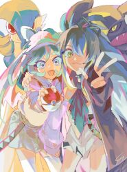 Rule 34 | 2girls, aqua hair, blue hair, creatures (company), dragon, fangs, fingerless gloves, game freak, garchomp, gardevoir, gen 3 pokemon, gen 4 pokemon, gloves, hair over one eye, hand on another&#039;s shoulder, hatsune miku, long hair, looking at viewer, multiple girls, nintendo, open mouth, poke ball, pokemon, pokemon (creature), project voltage, red eyes, senzzang, thighhighs, v, vocaloid, white thighhighs, yellow eyes