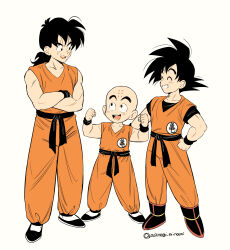 3boys :d ^_^ aonagi_minami artist_name bald black_eyes black_footwear black_hair black_sash black_shirt blush boots closed_eyes collarbone commentary_request crossed_arms dougi dragon_ball dragon_ball_(classic) facial_mark facial_scar flexing forehead_mark grin hands_on_own_hips hands_up highres kuririn long_hair looking_at_another low_ponytail male_focus multiple_boys open_mouth orange_pants pants ponytail sash scar scar_across_eye scar_on_cheek scar_on_face shirt shoes short_hair short_sleeves simple_background smile son_goku spiked_hair standing teeth twitter_username white_background wristband yamcha