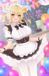 Rule 34 | 1girl, :d, alternate costume, animal ears, apron, balloon, blonde hair, breasts, cat ears, cowboy shot, dress, enmaided, fang, flower, frilled dress, frills, fukuro daizi, genshin impact, hair flower, hair ornament, highres, large breasts, lumine (genshin impact), maid, maid apron, maid headdress, medium hair, open mouth, pantyhose, skirt hold, smile, solo, white pantyhose, yellow eyes