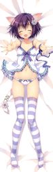 Rule 34 | 1girl, :d, ^ ^, absurdres, animal ears, babydoll, blue panties, blush, bow, bow panties, cat ears, cat tail, closed eyes, copyright request, dakimakura (medium), flower, frilled panties, frills, full body, gradient background, hair flower, hair ornament, highres, navel, no shoes, open mouth, outstretched arms, panties, purple hair, purple thighhighs, ribbon, ryouka (suzuya), short hair, smile, solo, striped clothes, striped thighhighs, tail, tail ornament, tail ribbon, thighhighs, underwear, white panties, wrist ribbon