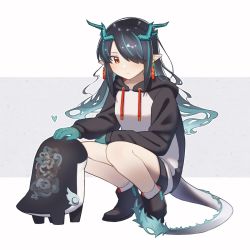 Rule 34 | 1girl, arknights, ay-orchid, black footwear, black hair, black hoodie, boots, closed mouth, dragon girl, dragon horns, dragon tail, drawstring, dusk (arknights), earrings, full body, green hair, grey background, hair over one eye, heart, hood, hood down, hoodie, horns, jewelry, long hair, long sleeves, multicolored hair, petting, pointy ears, puffy long sleeves, puffy sleeves, red eyes, sleeves past wrists, socks, solo, squatting, streaked hair, tail, two-tone background, very long hair, white socks