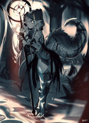 Rule 34 | 1girl, absurdres, arknights, bare shoulders, boots, commentary, crocodilian tail, ehrrr, full body, highres, holding, holding staff, hood, large tail, long sleeves, pointy ears, silver hair, solo, staff, standing, tail, thighhighs, thighs, tomimi (arknights), torn clothes, torn thighhighs