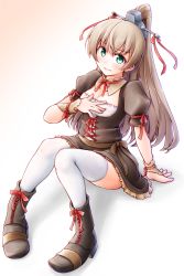 Rule 34 | 1girl, alternate costume, black dress, boots, brown footwear, brown hair, collarbone, commentary request, cross-laced footwear, dress, enmaided, gradient background, green eyes, hands on own chest, kantai collection, kumano (kancolle), lace-up boots, long hair, looking at viewer, maid, meihemu, ponytail, sitting, solo, thigh gap, white background, white legwear, wrist cuffs