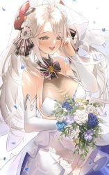 Rule 34 | 1girl, antenna hair, azur lane, bare shoulders, blue flower, blue rose, blush, bouquet, breasts, bridal gauntlets, bridal veil, brown eyes, cleavage, dress, elbow gloves, eyelashes, floating hair, flower, garter straps, gloves, half-closed eyes, hand in own hair, headgear, highres, holding, holding bouquet, large breasts, long hair, looking at viewer, mole, mole on breast, multicolored hair, open mouth, petals, prinz eugen (azur lane), prinz eugen (symphonic fate) (azur lane), ran s200, rose, see-through, silver hair, simple background, smile, streaked hair, swept bangs, two side up, veil, very long hair, wedding dress, white background, white dress, white flower, white rose