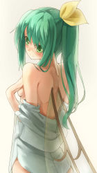 Rule 34 | 1girl, back, blush, breasts, daiyousei, fairy, fairy wings, green eyes, green hair, hair ribbon, highres, kanzen bouon, long hair, matching hair/eyes, naked shirt, off shoulder, open clothes, open shirt, ribbon, shirt, side ponytail, sideboob, simple background, small breasts, solo, topless, touhou, wings