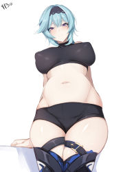 Rule 34 | 1girl, black hairband, black shirt, black shorts, black thighhighs, blue hair, breasts, commentary request, covered erect nipples, cowboy shot, crop top, eula (genshin impact), genshin impact, groin, hairband, highres, large breasts, looking at viewer, micro shorts, midriff, navel, shirt, short hair, shorts, skindentation, sleeveless, solo, standing, stomach, thick thighs, thighhighs, thighs, yellow eyes, yu-ta