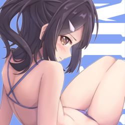 Rule 34 | 1girl, absurdres, back, text background, bare shoulders, bikini, black hair, blue background, blush, brown eyes, closed mouth, commentary request, fate/kaleid liner prisma illya, fate (series), from behind, hair ornament, hairclip, highres, long hair, looking at viewer, looking back, miyu edelfelt, navel, profile, purple bikini, solo, swimsuit, thigh gap, zongren