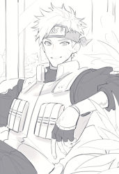 Rule 34 | 1boy, facial mark, fingerless gloves, gloves, greyscale, headband, highres, indoors, kiya, long sleeves, looking at viewer, male focus, monochrome, naruto (series), parted lips, plant, potted plant, reclining, short hair, sitting, sleeves rolled up, smile, solo, spiked hair, teeth, upper body, uzumaki naruto, vest, whisker markings