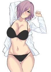 Rule 34 | 1girl, black bra, black panties, bra, breasts, cleavage, collared shirt, commentary request, cowboy shot, din (raiden), fate/grand order, fate (series), hair over one eye, highres, large breasts, light purple hair, long sleeves, looking at viewer, mash kyrielight, panties, purple eyes, purple hair, shirt, short hair, simple background, skindentation, solo, standing, underwear, white background, white shirt