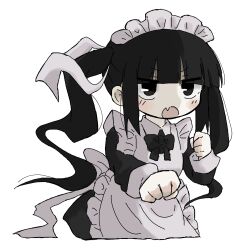 Rule 34 | 1girl, absurdres, apron, black dress, black hair, blush, collared dress, dress, frills, highres, kennin5, long hair, looking at viewer, maid, maid apron, maid headdress, open mouth, original, simple background, solo, twintails, white background