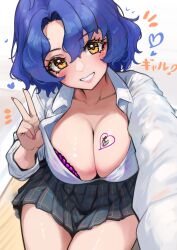 Rule 34 | 1girl, alternate costume, blue hair, blush, bra, bra visible through clothes, breasts, c (theta), cleavage, collarbone, commentary request, fingernails, grin, heart, highres, idolmaster, idolmaster million live!, large breasts, looking at viewer, miniskirt, nail polish, open clothes, open shirt, partial commentary, pink bra, plaid, plaid skirt, pleated skirt, school uniform, selfie, shirt, sitting, skirt, smile, solo, toyokawa fuka, underwear, v, white shirt, yellow eyes