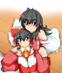 2girls aged_down ascot bad_id bad_pixiv_id black_hair black_legwear blush bow breasts child detached_collar detached_sleeves female_focus hair_bow hair_tubes hakurei_reimu kokujuuji large_breasts leotard long_sleeves looking_up m.u.g.e.n multiple_girls no_panties original pink_eyes sendai_hakurei_no_miko shirt side_slit sitting skirt skirt_set smile thighhighs touhou veranda wide_sleeves