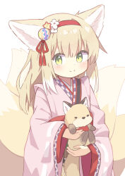 Rule 34 | 1girl, absurdres, animal, animal ears, arknights, blonde hair, blush, closed mouth, commentary, cowboy shot, flower, fox, fox ears, fox girl, fox tail, green eyes, hair between eyes, hair flower, hair ornament, hairband, hands up, highres, holding, holding animal, japanese clothes, kimono, kitsune, kyuubi, long hair, long sleeves, looking at viewer, multiple tails, official alternate costume, pink kimono, red hairband, ryoku sui, simple background, smile, solo, suzuran (arknights), suzuran (yukibare) (arknights), tail, tassel, tassel hair ornament, white background, wide sleeves