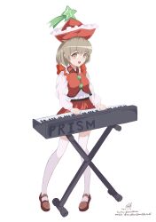 Rule 34 | 1girl, :d, absurdres, brown eyes, brown footwear, brown hair, buttons, commentary, english commentary, frilled hat, frilled vest, frills, full body, happy, hat, highres, instrument, keyboard (instrument), long sleeves, looking at viewer, lyrica prismriver, mary janes, miniskirt, music, open mouth, playing instrument, pointy hat, puffy sleeves, red hat, red skirt, red vest, shirt, shoes, shooting star hat ornament, simple background, skirt, smile, solo, standing, thighhighs, touhou, vest, white background, white shirt, white thighhighs, zettai ryouiki, zyryab