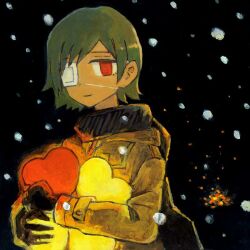 Rule 34 | 1girl, album cover, aremoyou, black background, black scarf, brown coat, clover, coat, cover, eyepatch, fire, four-leaf clover, green hair, holding, lala (watashi no koko), light, looking at viewer, official alternate costume, official art, red eyes, scarf, second-party source, short hair, sidelocks, smile, snow, snowing, solo, traditional media, watashi no koko