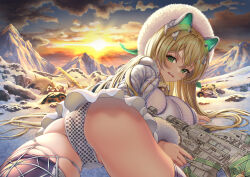 Rule 34 | 1girl, absurdres, aircraft, airplane, angry, animal ears, ass, bell, blonde hair, blush, breasts, cloud, cloudy sky, crossed bangs, fake animal ears, fang, finger on trigger, from behind, fur-trimmed headwear, fur-trimmed sleeves, fur trim, goddess of victory: nikke, green eyes, green nails, gun, hat, highres, jacket, large breasts, long hair, long sleeves, looking at viewer, lying, miniskirt, mountain, mountainous horizon, nail polish, neck bell, on stomach, open clothes, open jacket, open mouth, outdoors, panties, polka dot, polka dot panties, purple thighhighs, rifle, rupee (nikke), rupee (winter shopper) (nikke), scenery, skirt, sky, smile, snow, solo, sun, sunlight, teeth, thighhighs, thighs, toyo (wlz7370), underwear, upper teeth only, very long hair, weapon, white hat, white jacket, wreckage, zipper