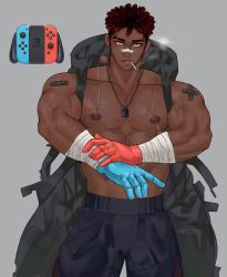 Rule 34 | 1boy, abs, bandages, bandaid, bandaid on face, bandaid on nose, bara, barayot, bare shoulders, beard, black hair, black pants, cigarette, dark-skinned male, dark skin, eyebrow cut, facial hair, game console, handheld game console, highres, large pectorals, looking at viewer, male focus, multicolored eyes, muscular, muscular male, nintendo, nintendo switch, nintendo switch (personification), nipples, pants, pectorals, personification, red hair, scar, scar on chest, short hair, smoking, solo, stomach, stubble, topless male