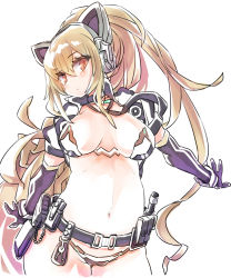 Rule 34 | 1girl, belt, belt pouch, black gloves, borrowed character, breasts, brown eyes, cleavage, elbow gloves, gloves, headset, key, light brown hair, looking at viewer, medium breasts, midriff, navel, parukku, phantasy star, phantasy star online 2, pouch, sidelocks, simple background, sketch, solo, standing, triangle mouth, white background