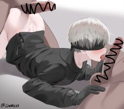 Rule 34 | 3boys, 9s (nier:automata), arched back, ass, black gloves, black jacket, blindfold, blush, bottomless, buttjob, censored, collarbone, commentary, dark-skinned male, dark skin, feet out of frame, fellatio, g1 (jjw00123), gloves, grey background, grey hair, group sex, jacket, large penis, licking, licking penis, lying, male focus, mmm threesome, multiple boys, nier:automata, nier (series), on stomach, oral, out of frame, penis, short hair, spread legs, thighs, threesome, tongue, tongue out, top-down bottom-up, twitter username, yaoi