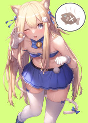 Rule 34 | 1girl, ;d, animal ear fluff, animal ears, bandeau, bare arms, bare shoulders, bell, blonde hair, blue bow, blue bowtie, blue footwear, blue ribbon, blue skirt, blush, boots, bow, bowtie, breasts, cat ears, cat tail, collarbone, commentary request, fish, fur-trimmed boots, fur-trimmed gloves, fur trim, gloves, green background, grey eyes, hair between eyes, hair bobbles, hair ornament, hair ribbon, hand up, heart, highres, ibuki notsu, jingle bell, leaning forward, long hair, looking at viewer, midriff, miniskirt, navel, ok sign, one eye closed, open mouth, original, paw pose, pom pom (clothes), ribbon, sidelocks, skirt, skirt set, small breasts, smile, solo, standing, stomach, strapless, tail, tail bow, tail ornament, thighhighs, thighs, tube top, very long hair, white gloves, white thighhighs, zettai ryouiki