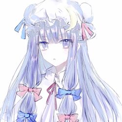 Rule 34 | 1girl, blue ribbon, blunt bangs, bun cover, chinese commentary, collared shirt, commentary request, crescent, crescent hat ornament, hair ribbon, hat, hat ornament, hat ribbon, highres, long hair, mob cap, no nose, pale skin, parted lips, patchouli knowledge, portrait, purple eyes, purple hair, red ribbon, ribbon, rinne (rinico), shirt, simple background, solo, straight hair, touhou, white background, white hat, white shirt