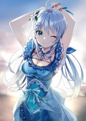 Rule 34 | .live, 1girl, antenna hair, armpit peek, arms up, backlighting, bare arms, bare shoulders, blue dress, blue eyes, blue hair, blush, bracelet, breasts, cleavage, closed mouth, commentary request, cowboy shot, dress, flower, hair flower, hair ornament, hairclip, highres, jewelry, long hair, looking at viewer, medium breasts, one eye closed, dennou shoujo siro, smile, solo, standing, virtual youtuber, white flower, yon (letter)
