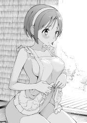 Rule 34 | 1girl, apron, apron lift, blush, breasts, closed mouth, clothes lift, greyscale, hairband, highres, kantai collection, large breasts, lifting own clothes, masukuza j, monochrome, naked apron, natori (kancolle), short hair, sideboob, sitting, solo, twitter username