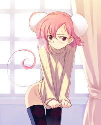 Rule 34 | 1girl, animal ears, blush, bottomless, clothes pull, covering privates, covering crotch, inato serere, mouse ears, mouse tail, no panties, original, partially visible vulva, pink hair, red eyes, shirt pull, short hair, solo, tail, thighhighs