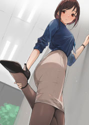 Rule 34 | 1girl, :o, ass, blush, breasts, brown eyes, brown hair, collared shirt, commentary request, doushimasho, from below, high heels, id card, leg up, looking at viewer, low ponytail, medium breasts, medium hair, mole, mole under mouth, name tag, office lady, original, pantyhose, parted lips, pencil skirt, ponytail, shirt, skirt, sleeves rolled up, solo, strappy heels, swept bangs, watch