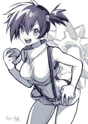 Rule 34 | 1girl, abs, armpits, artist name, asymmetrical hair, bare shoulders, belt, black hair, blush, breasts, cleavage, covered collarbone, cowboy shot, creatures (company), crop top, denim, denim shorts, female focus, game freak, gen 1 pokemon, gradient background, greyscale, gym leader, hair between eyes, hair bun, hand on own hip, hand up, highres, holding, holding poke ball, large breasts, legs, looking at viewer, medium breasts, midriff, misty (pokemon), monochrome, muscular, navel, nintendo, orange hair, poke ball, pokemon, pokemon: the electric tale of pikachu, ponytail, shirt, short hair, short shorts, shorts, side ponytail, signature, simple background, sleeveless, sleeveless shirt, smile, solo, standing, starmie, suspenders, takatsuki ichi, tank top, thighs, turtleneck