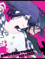 Rule 34 | 2boys, black background, black hair, blood, blood splatter, buttons, checkered clothes, checkered scarf, danganronpa (series), danganronpa v3: killing harmony, dated, double-breasted, dual persona, happy birthday, highres, jacket, long sleeves, male focus, multicolored hair, multiple boys, official alternate costume, oma kokichi, pink background, pink blood, pink hair, purple eyes, purple hair, scarf, smile, suzuko (katahaba v3), two-tone hair, upper body, white jacket