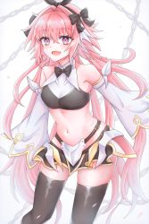 Rule 34 | 1boy, armor, astolfo (fate), astolfo (saber) (fate), bare shoulders, belt, black gloves, black shirt, black skirt, black thighhighs, blush, bow, bowtie, chain, crop top, crossdressing, detached sleeves, elbow gloves, fate/grand order, fate (series), faulds, gloves, hair bow, hair intakes, hair ribbon, highres, long hair, looking at viewer, low twintails, midriff, multicolored hair, navel, open mouth, pink hair, purple eyes, rain (roromi), ribbon, shirt, simple background, skirt, smile, solo, streaked hair, thighhighs, thighs, trap, twintails, white background, white hair, wide sleeves