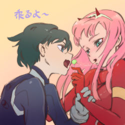 Rule 34 | 10s, 1boy, 1girl, black bodysuit, black hair, blue eyes, blush, bodysuit, breasts, candy, comic, couple, darling in the franxx, food, fringe trim, gloves, green eyes, hair ornament, hairband, hetero, highres, hiro (darling in the franxx), holding, holding another&#039;s arm, holding candy, holding food, holding lollipop, horns, industry age, large breasts, lollipop, long hair, oni horns, pilot suit, pink hair, red bodysuit, red gloves, red horns, saliva, saliva trail, short hair, translation request, white hairband, zero two (darling in the franxx)