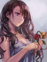 Rule 34 | 1girl, bare shoulders, braid, brown hair, camisole, eyelashes, flower, frilled camisole, frills, grey background, highres, jewelry, long hair, looking away, momoko (momopoco), necklace, original, purple eyes, ribbon-trimmed clothes, ribbon trim, ring, side braid, single braid, solo, upper body, wavy hair