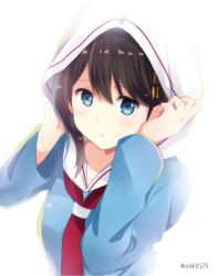 Rule 34 | alternate costume, artist name, bad id, bad twitter id, blue eyes, blush, braid, brown hair, commentary, commentary request, kantai collection, looking at viewer, looking up, neckerchief, necktie, red neckerchief, shigure (kancolle), simple background, solo, twitter username, white background, yukichi (eikichi)
